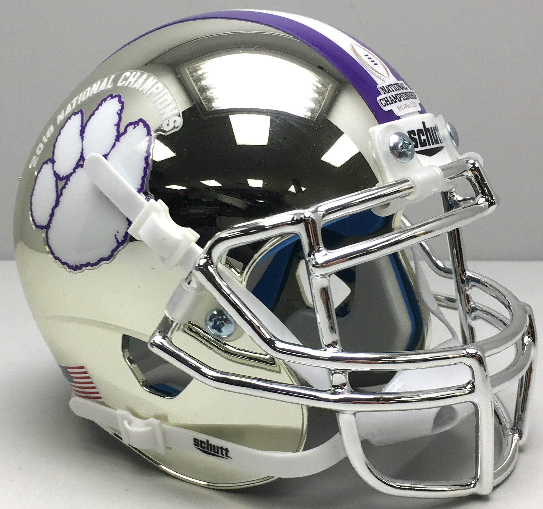 Clemson Tigers Mini XP Authentic Helmet Schutt <B>2018 National Champs Silver Chrome</B>