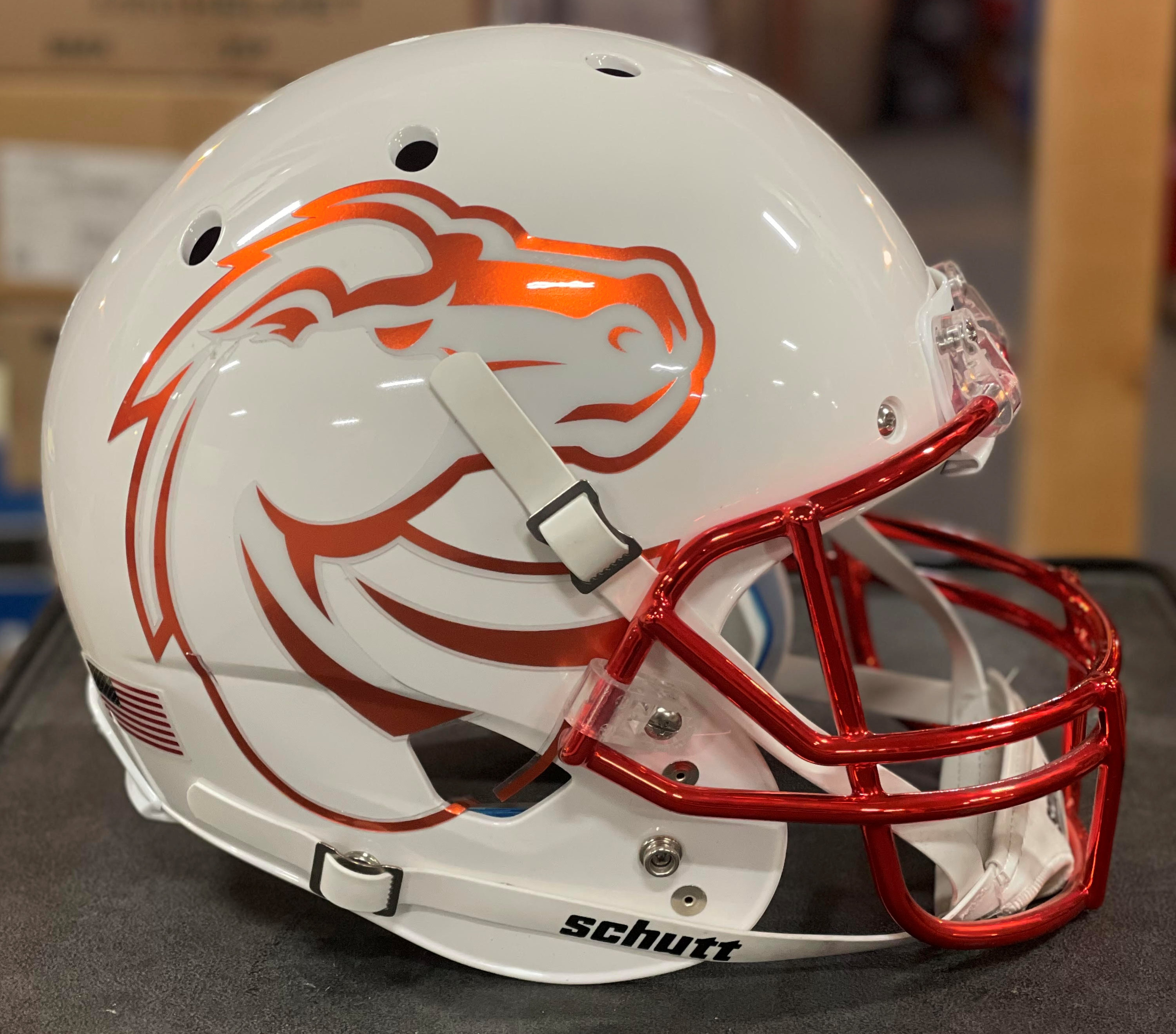 Boise State Broncos Full XP Replica Football Helmet Schutt <B>White with Chrome Mask</B>